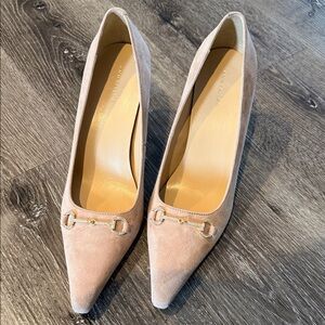 Ann Taylor Tan Suede Pointed-Toe Pumps Gold Bit Detail